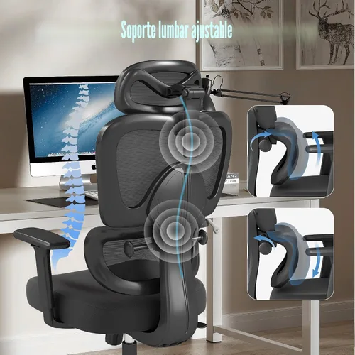 Vista 4 de Silla de oficina ergonómica con soporte lumbar ajustable, brazos y reposacabezas 3D, respaldo alto, silla de computadora de escritorio ancha