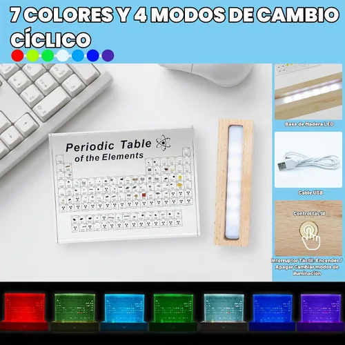 Vista 2 de BEWITU Tabla periódica con elementos reales en el interior, tabla periódica acrílica 3D de elementos con soporte de madera LED inalámbrico, regalos
