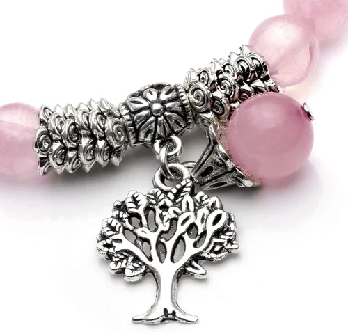 Vista 4 de Top Plaza Pulsera elástica de cuarzo rosa con diseño de árbol de la vida piedra de la suerte reiki piedras preciosas de cristal curativo colgante