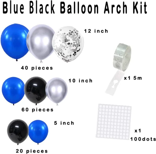 Vista 5 de Juego de globos de color azul real, negro y plateado metálico, 122 unidades, guirnalda de arco de globos azul real y negro para videojuegos