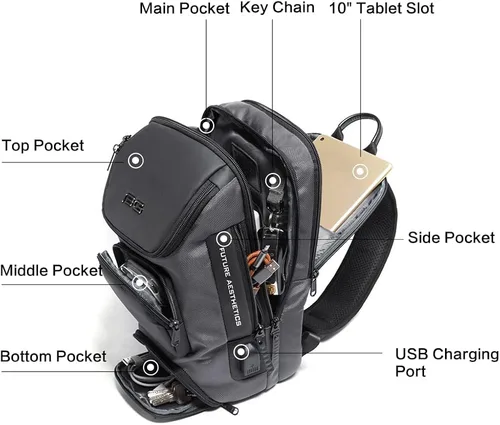 Vista 3 de Mochila tipo bandolera para hombre, bolsa de hombro impermeable con puerto USB