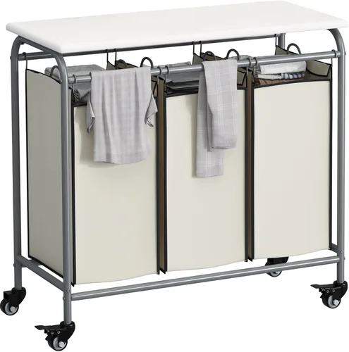 Vista 14 de LINZINAR Clasificador de ropa sucia de 3 bolsas, carrito de lavandería con ruedas enrollables resistentes y bolsas extraíbles (gris) Laundry Room