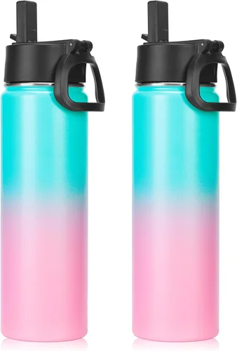 Vista 36 de Neihepal Botellas de agua aisladas de 22 onzas con tapa con popote a prueba de fugas, botella de agua de acero inoxidable de doble pared de boca