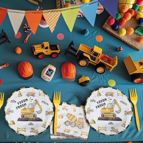 Vista 6 de Juego de decoraciones de fiesta de cumpleaños de construcción, platos, servilletas y tenedores para 20 invitados, vajilla desechable con temática