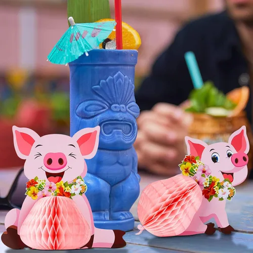 Vista 7 de Zonon 4 piezas de decoración de fiesta de cerdo Luau, centros de mesa de tejidos, cerdo rosa, animales de granja, decoraciones para cumpleaños