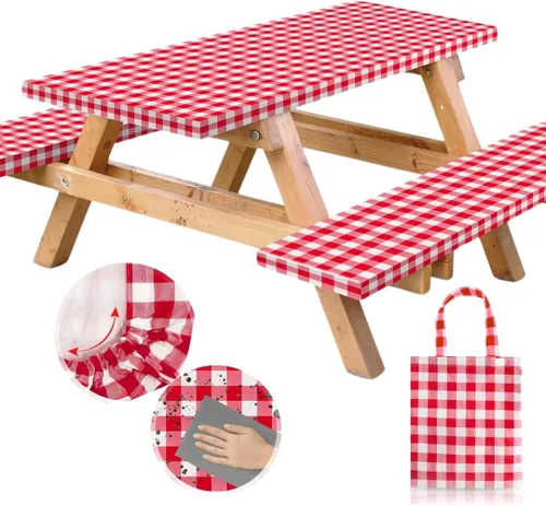 Vista 13 de RNOONY Cubierta de Mesa de Picnic de Vinilo Ajustable con Fundas de Banco y Bolsa, Mantel de 6 pies para Exteriores Impermeable y Resistente al