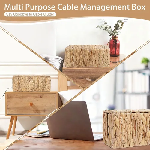 Vista 2 de Caja de organización de cables con tapas, organizador de cables de ratán tejido a mano con ranuras abiertas, caja organizadora de escritorio