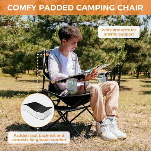 Vista 5 de FUNDANGO Silla de camping acolchada plegable, portátil con respaldo completo para exteriores, con soporte para tazas y mesa auxiliar, bolsillo Negro