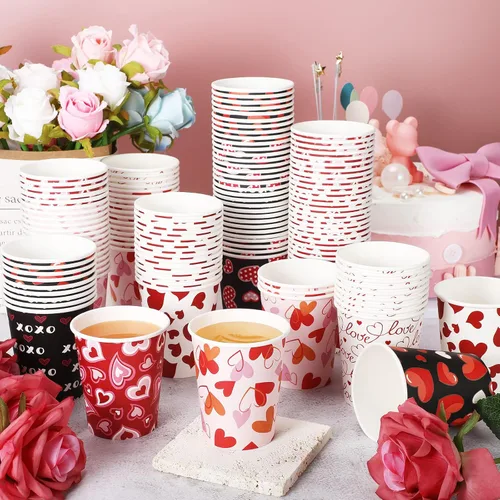 Vista 4 de Roowest 144 vasos desechables para el día de San Valentín, vasos de papel de corazón de 9 onzas, tazas de café de San Valentín para té, bebidas