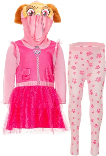 Vista 3 de Nickelodeon Paw Patrol - Conjunto de disfraz de Skye y Everest con capucha y mallas para niñas