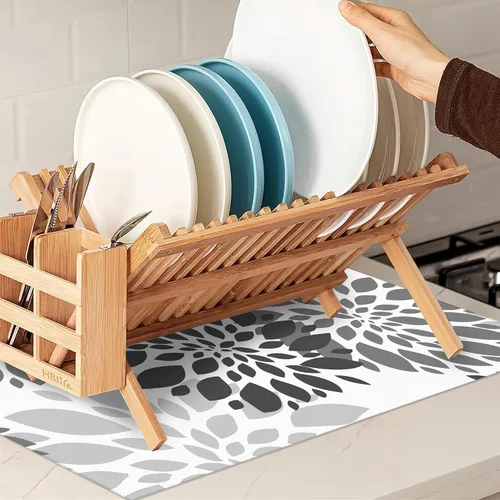 Vista 7 de Tapete de secado de platos de dalia blanca y negra para decoración de encimera de cocina, almohadilla geométrica para secado de platos, microfibra