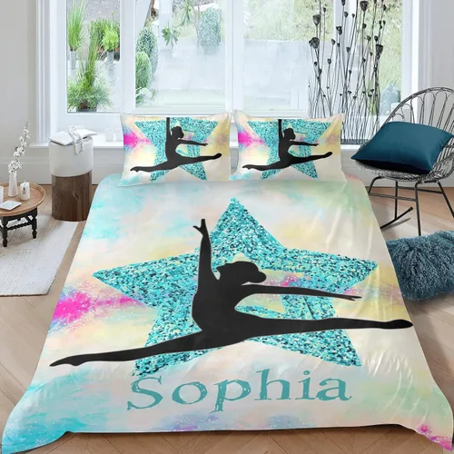 Vista 15 de Juego de ropa de cama personalizada de 3 piezas para niñas con mosca de gimnasia, tamaño individual, funda de edredón personalizada con nombre