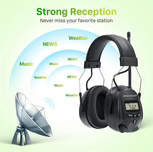 Vista 5 de Cascos protectores de oídos PROTEAR con radio AM/FM, auriculares con reducción de ruido de 25dB, orejeras de seguridad con pantalla digital