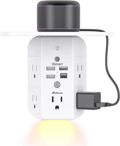 Vista 11 de Extensor de toma de pared con estante y luz nocturna, protector de sobretensiones, cargador de pared USB con 5 salidas USB y 3 puertos USB, 1 salida