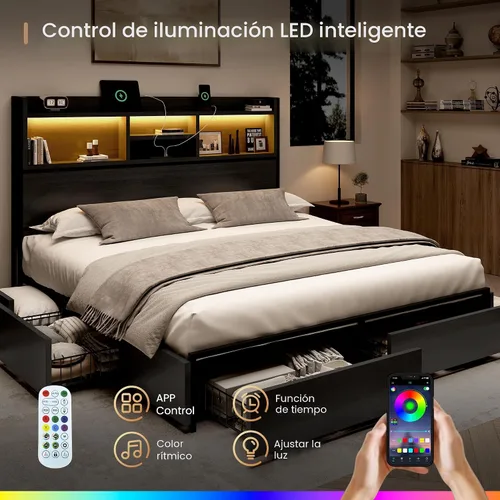 Vista 4 de BRELTAM Base de cama de almacenamiento tamaño Queen con 6 cajones, estación de carga USB, sin ruido, no requiere somier, cama de plataforma con Negro