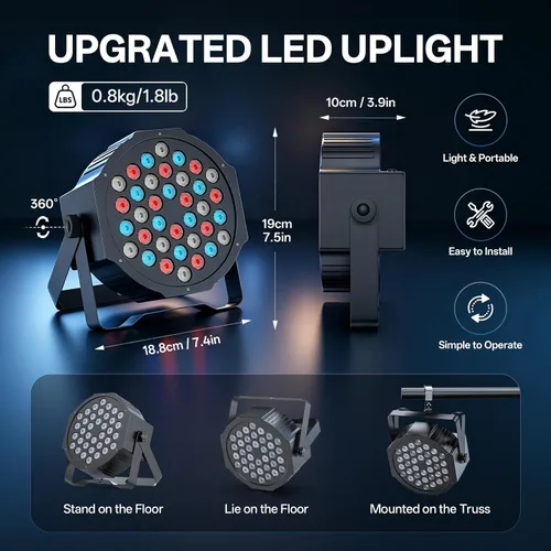 Vista 7 de U`King - Luces LED Par para DJ, luz de escenario con cable, RGB, 36 LED con control activado por sonido, iluminación de escenario para DJ, para 2