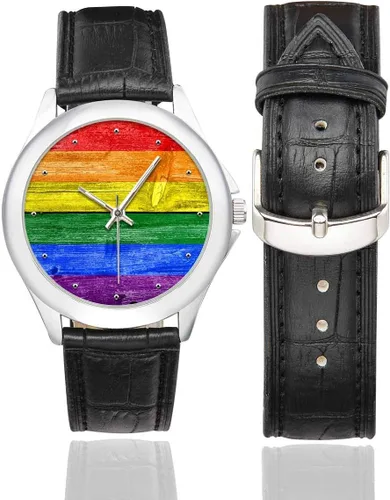 Vista 2 de Lindo Tie Dye Rainbow impermeable reloj de correa de cuero clásico de acero inoxidable para mujer, negro