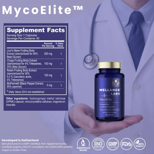 Vista 4 de Complejo de hongos de espectro completo MycoElite, melena de león, Chaga, Reishi, apoyo cognitivo