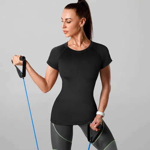 Vista 2 de Coume Paquete de 4 camisetas de compresión para mujer, de manga corta, para entrenamiento, correr, atletismo, yoga, gimnasio, equipo deportivo