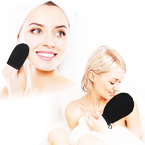 Vista 4 de Boao Kit de 5 aplicadores de manopla autobronceadora, incluye guante de bronceado, guante exfoliante, mini guante facial, aplicador de loción