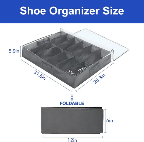 Vista 2 de Surblue Organizador de almacenamiento de zapatos debajo de la cama, solución de almacenamiento de zapatos debajo de la cama, 2 cremalleras de metal