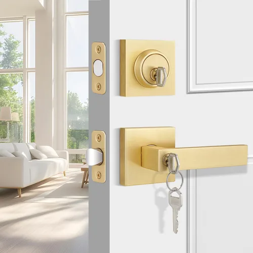 Vista 34 de EHOMEWARE - Juego de manijas de puerta delantera doble de latón, manija de puerta de latón cuadrado resistente en oro y cerradura de un solo