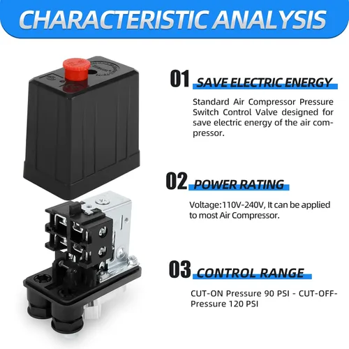 Vista 4 de MEANLIN MEASURE Válvula de control del interruptor de presión del compresor de aire 90-120 PSI 110V-240V piezas de repuesto de 1 vía con cinta
