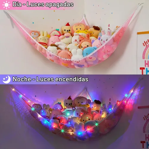 Vista 4 de Basumee Hamaca de animales de peluche con luz LED, organizador de red de juguetes de peluche, organizador de esquina para almacenamiento de animales