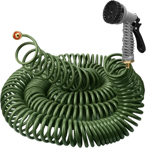 Vista 8 de Manguera de jardín enrollada ligera de 25 pies 3/8" EVA flexible con 7 boquillas multifunción y conectores de latón para riego de jardín, plantas