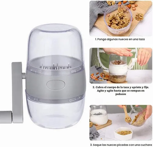 Vista 3 de Picador de tuercas, molinillo manual portátil de tuercas con manivela de mano para todas las nueces, cortador de alimentos de mano, picadora Gris