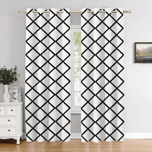 Vista 176 de Cortinas opacas de poliéster multicapa para cafetería, con diseño de diamantes, 2 unidades, 26 x 24 pulgadas