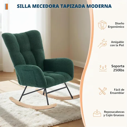 Vista 6 de Mecedora deslizadora tapizada con patas de madera para sala de estar, dormitorio, cuarto de bebé, incluye bolsillos laterales