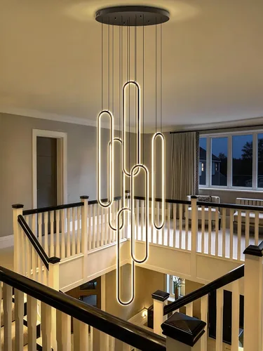Vista 13 de Flashing God Candelabro moderno, candelabros cromados con 6 anillos LED, lámpara de techo alto más grande para sala de estar, lámpara rectangular