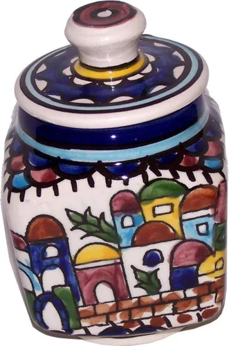 Vista 2 de Holy Land Market Azucarera Jerusalén - Cuadrado - Cerámica pintada a mano (4 pulgadas) - Ciudad Vieja Panorama o vista - Asfour Outlet