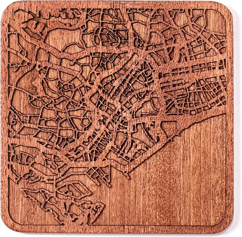 Vista 132 de Posavasos Amsterdam Map by O3 Design Studio, 1 pieza, posavasos de madera Sapele con mapa de la ciudad, hecho a mano, varias ciudades opcionales