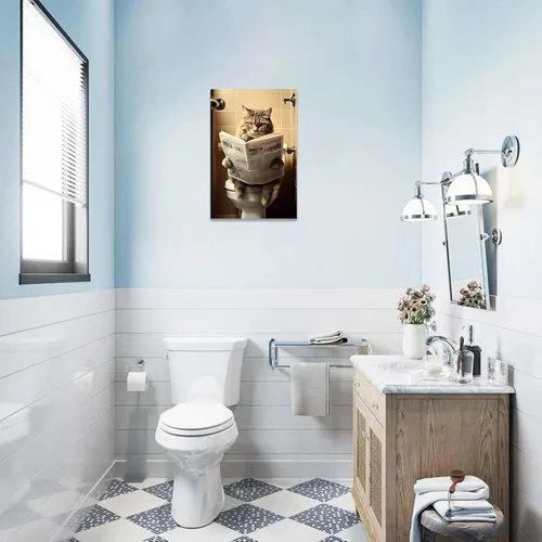 Vista 3 de CCWACPP Divertido lienzo para baño, arte de pared de gato sentado en el inodoro, lectura de periódicos, impresiones de pintura de inodoro, baño
