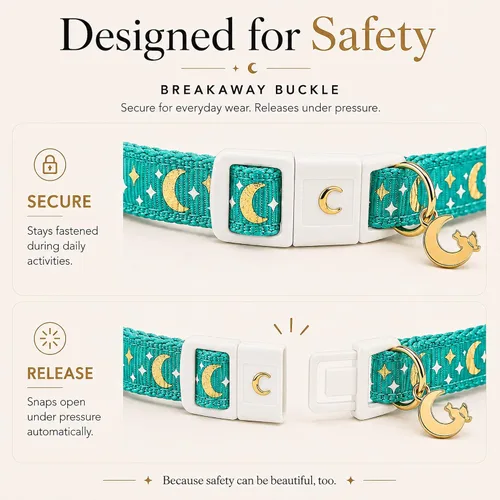Vista 4 de waaag - Collar de seguridad para gato, con diseño de lunas y estrellas doradas, brilla en la oscuridad