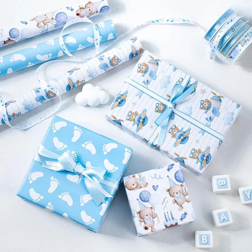 Vista 4 de WRAPAHOLIC Papel de regalo de oso para baby shower, mini rollo, 3 rollos, 17 x 120 pulgadas, diseño de oso de aventura en avión y fiesta para baby