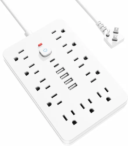 Vista 12 de Protector de sobretensiones - Enchufe de pared con múltiples tomas de corriente alterna, 6 puertos USB (2 USB C), cable de extensión corto negro