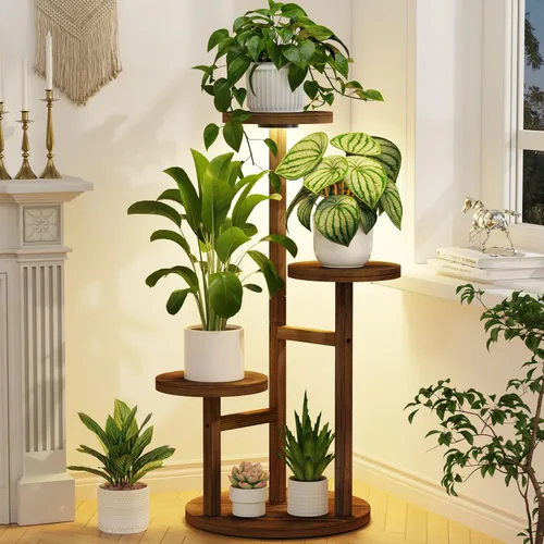 Vista 26 de LASZOLA Soporte Negro de Madera de 5 Niveles para Plantas de Interior para Macetas Más Grandes de Servicio Pesado, Estantes Verticales Resistentes
