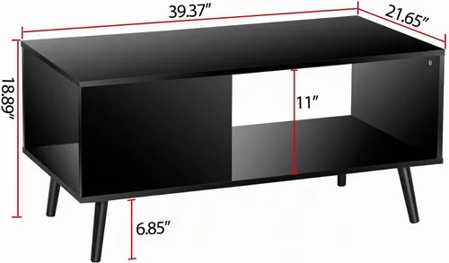 Vista 3 de ZenStyle Mesa de centro moderna de mediados de siglo, mesa de centro retro de madera con estante de almacenamiento abierto para sala de estar Negro