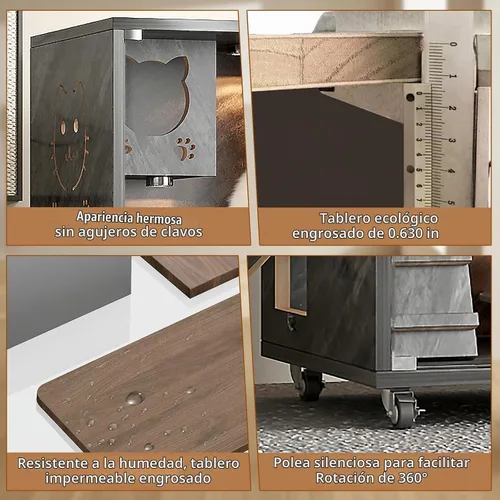 Vista 4 de Casa de Madera para Gatos de Gran Espacio, Condominio Cerrado para Gatos, Recinto para Gatos Interior/Exterior con Ruedas, Villa de Lujo