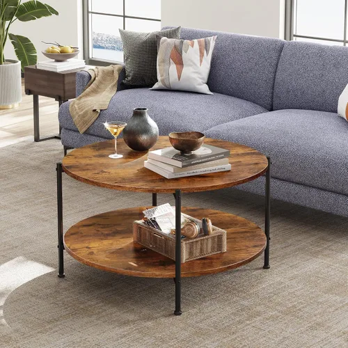 Vista 2 de WLIVE - Mesa de centro redonda, mesa de café pequeña de 32.6" con estante de almacenamiento, mesa de centro de madera de 2 niveles para sala
