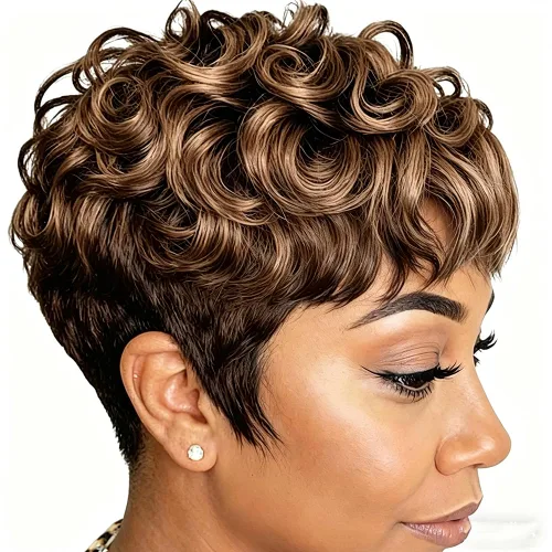 Vista 12 de Pelucas cortas de corte Pixie para mujeres negras, pelucas de corte Pixie con flequillo, negro mezclado con marrón, pelucas rizadas cortas