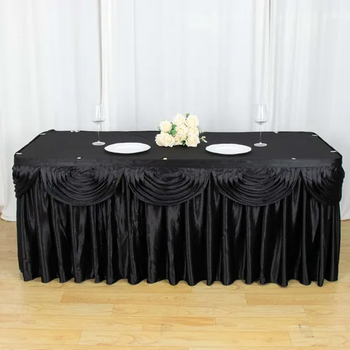 Vista 21 de Efavormart - Falda de mesa de satén beige para cocina, comedor, catering, boda, fiesta de cumpleaños, decoración de eventos, 14 pies