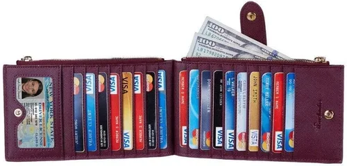 Vista 3 de Travelambo Billetera para mujer con bloqueo RFID plegable para múltiples tarjetas con bolsillo con cremallera, Rojo vino, Minimalista