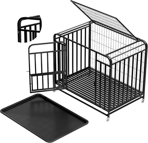 Vista 9 de Jaula extragrande para perros grandes, medianos, resistente de 38 pulgadas, con ruedas bloqueables y puerta doble extraíble, fácil de limpiar