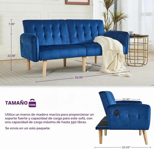 Vista 2 de TYBOATLE Sofá Cama Futón Plegable Convertible Moderno de Terciopelo de 65" de Ancho con 2 Puertos de Carga USB para Espacio de Vida Compacto, Sofás