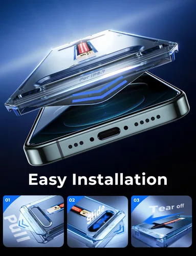Vista 3 de MAGIC JOHN Paquete de 2 protectores de pantalla de vidrio templado para iPhone 12 Pro Max de 6.7 pulgadas, instalación automática de eliminación