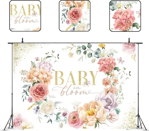 Vista 2 de Glawry Baby in Bloom - Telón de fondo de 7 pulgadas de ancho x 5 pies de alto, rosa, floral, para niñas, acuarela, peonía, hojas de flor de rosa